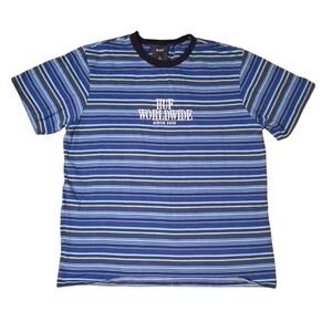 Vintage HUF Men's Navy and lime Striped Tee with White Logo Sz Lg